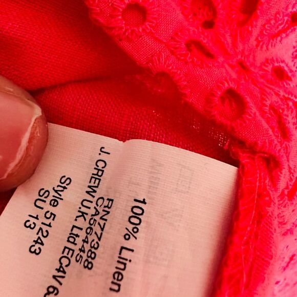 J Crew 100% Linen Timeless Eyelet Peasant Blouse M Coral Pink 3/4 Sleeve Preppy - Picture 6 of 6